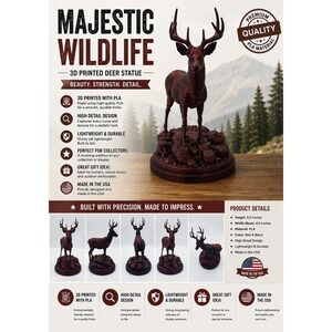 Majestic Wildlife 3D Printed Deer Statue Red Black Buck Figurine 5 inch USA Made